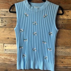 NWT *** VILA MILANO Blue Flower Embroidered Sweater Vest